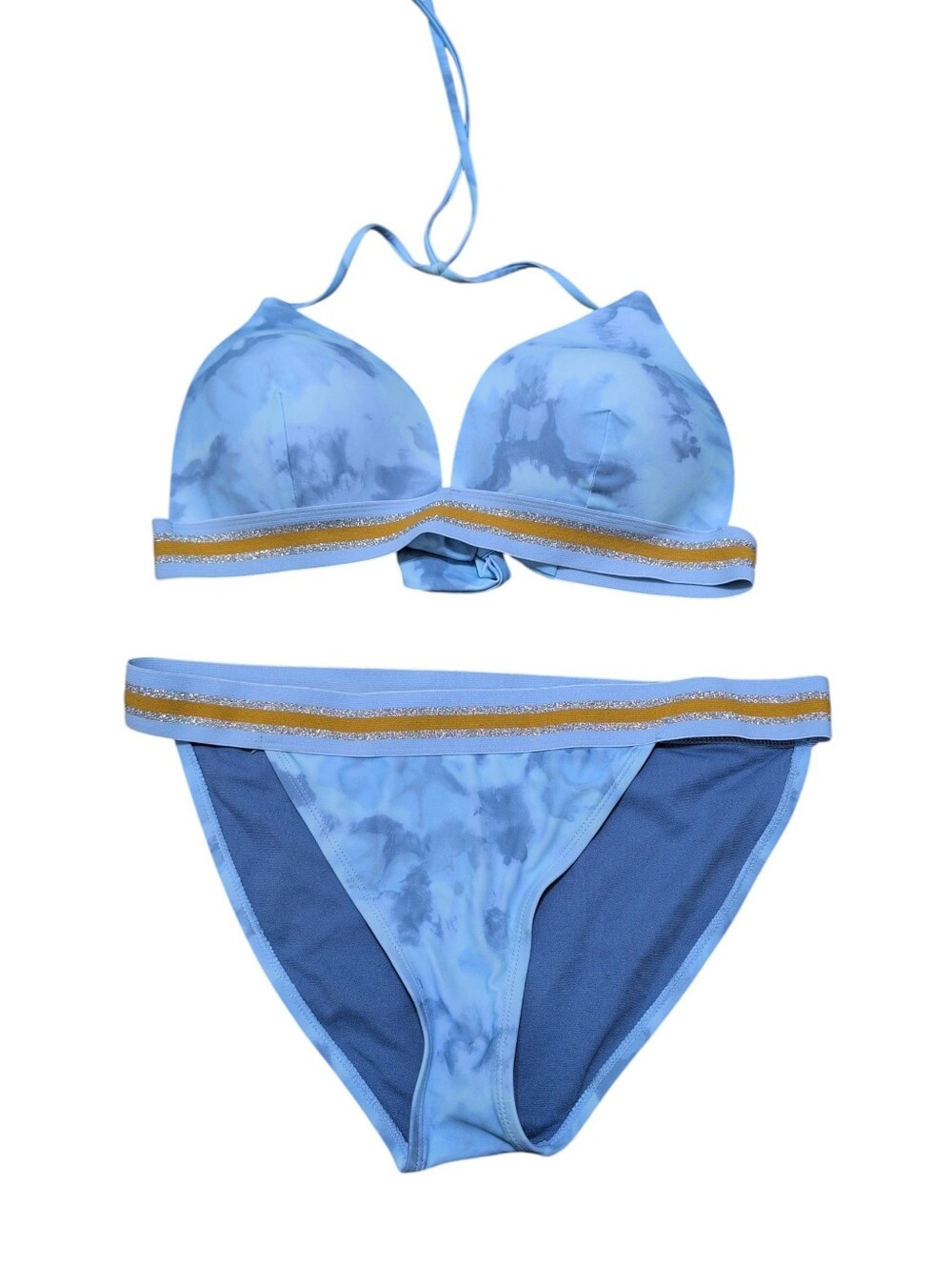 Hula Honey Bikini Push Up Top Blue Tir Dye Gold Accent Large Bottoms XL Top